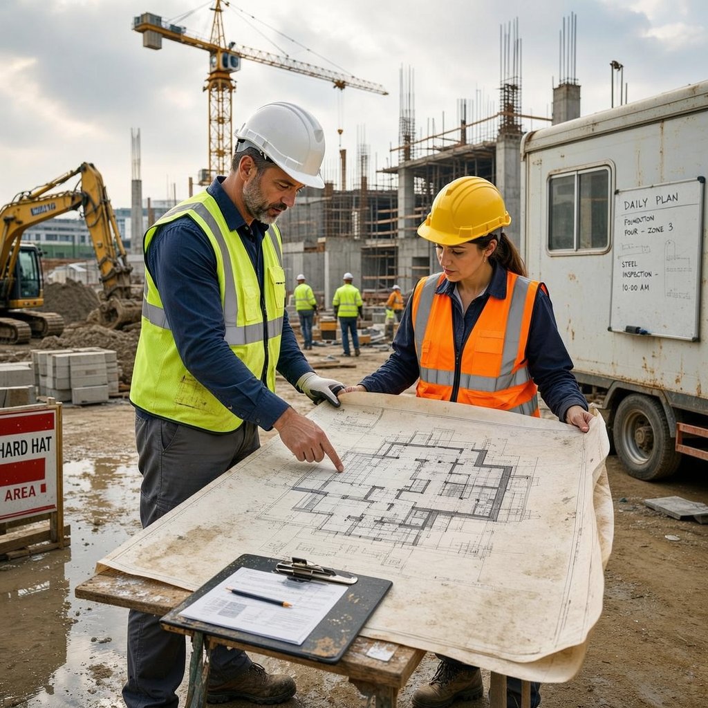 African engineers discussing plans on a construction site